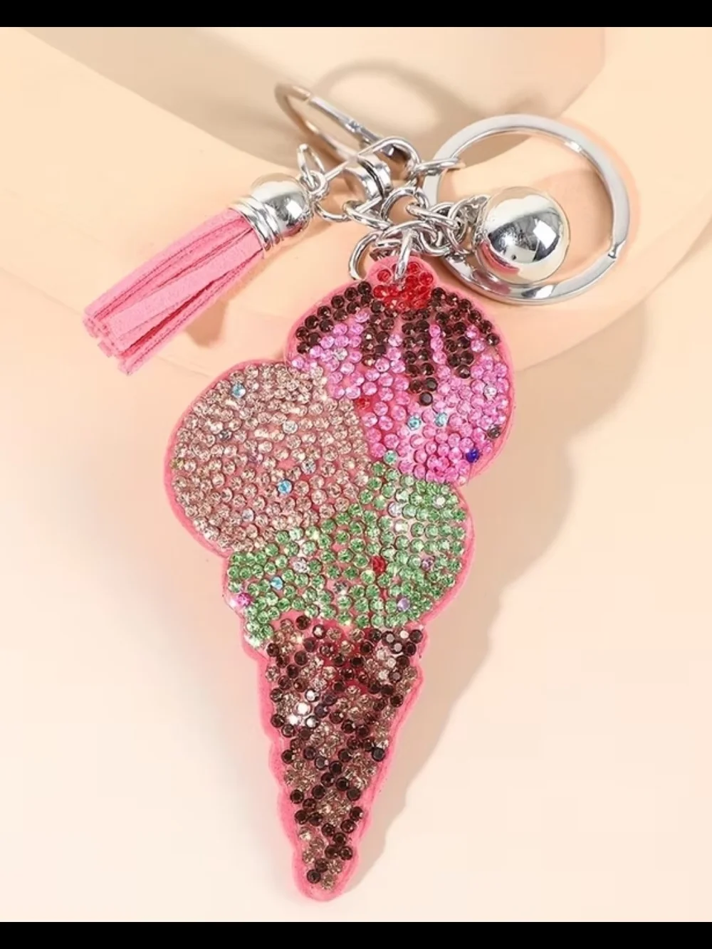 Pink Crystal Ice Cream Cone Key & Card Holder Charm